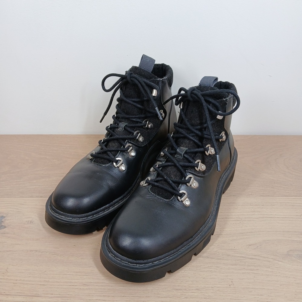 Calvin Klein Hiking Boots Men 9 Black Leather Suede Lug Sole D-Ring Ankle Boots